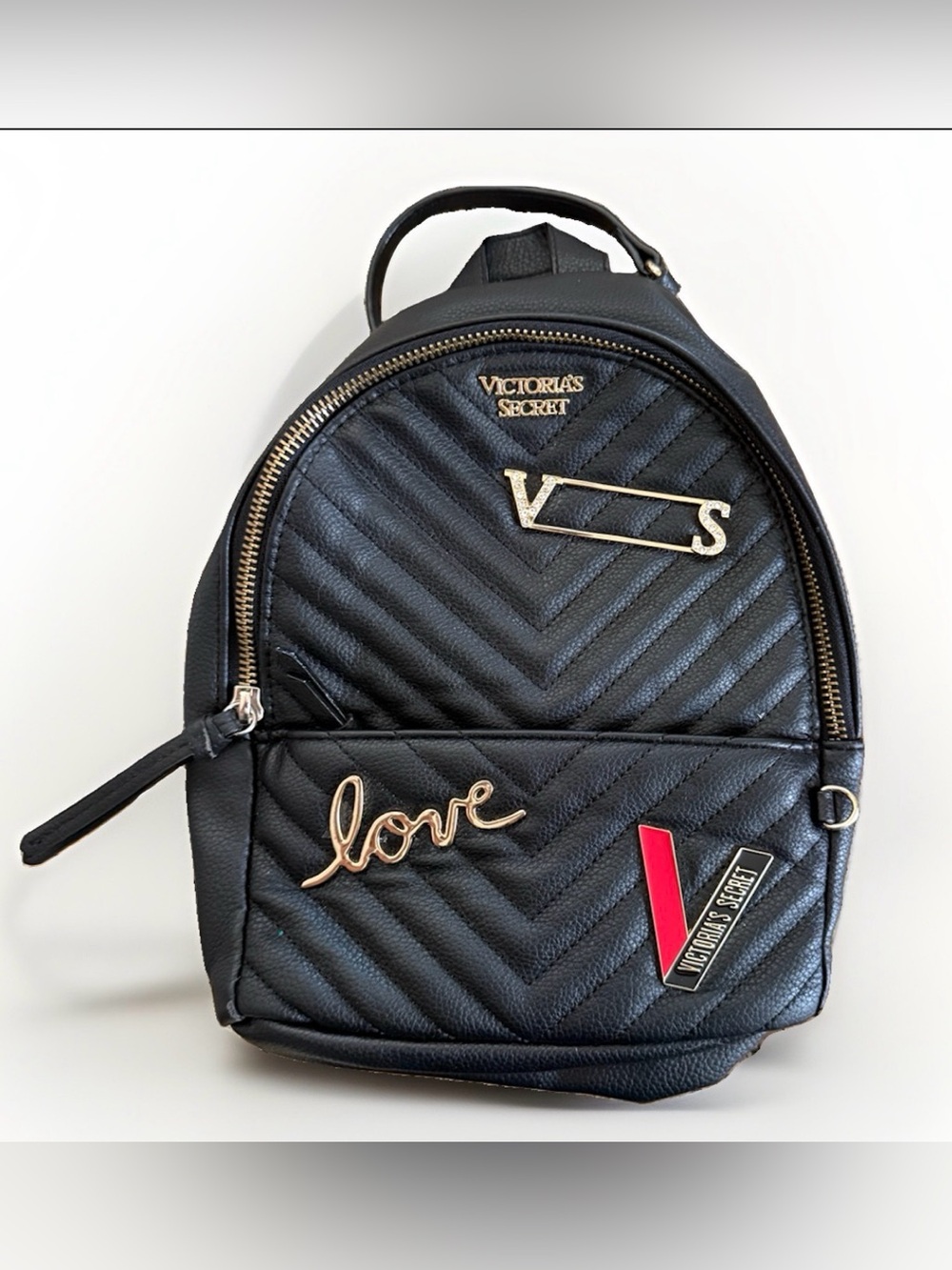 Victoria’s Secret Love Victoria Black Quilted Mini Backpack Gold Logo 2019